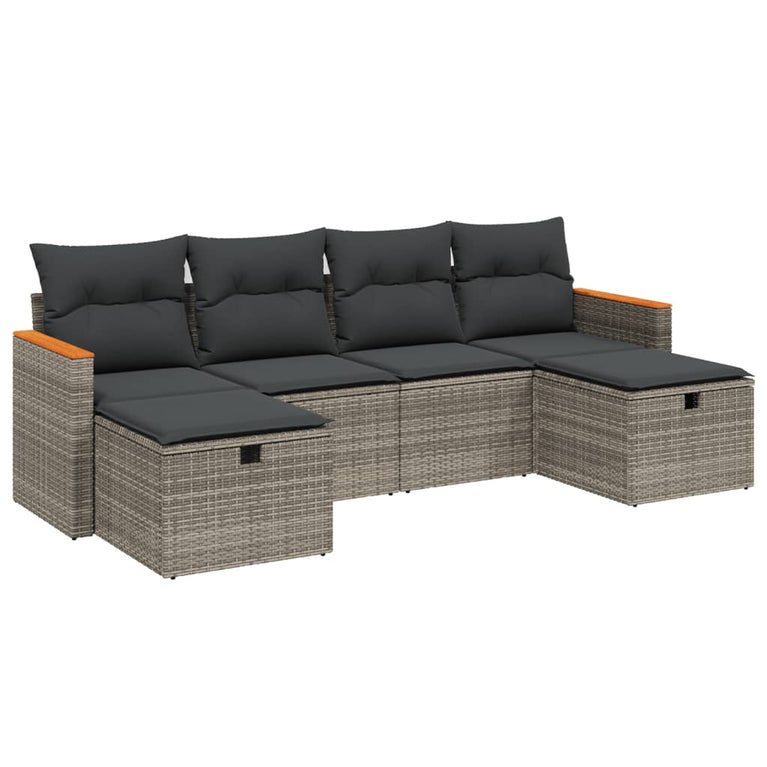 6-delige Loungeset met kussens poly rattan grijs