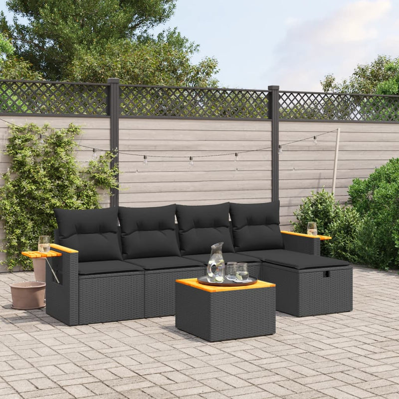 6-delige Loungeset met kussens poly rattan zwart