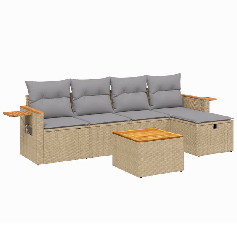 6-delige Loungeset met kussens poly rattan gemengd beige