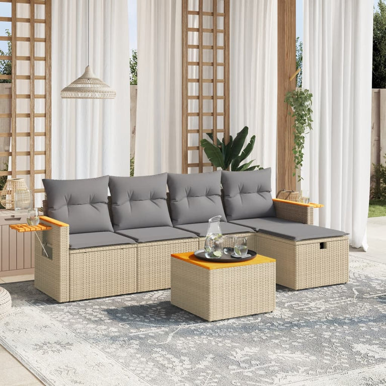 6-delige Loungeset met kussens poly rattan gemengd beige
