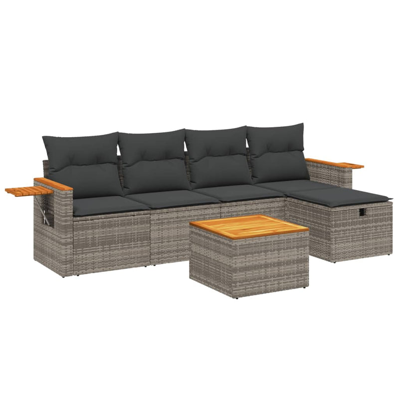 6-delige Loungeset met kussens poly rattan grijs