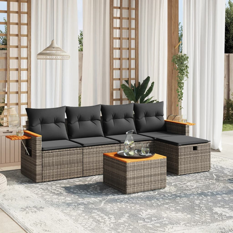 6-delige Loungeset met kussens poly rattan grijs