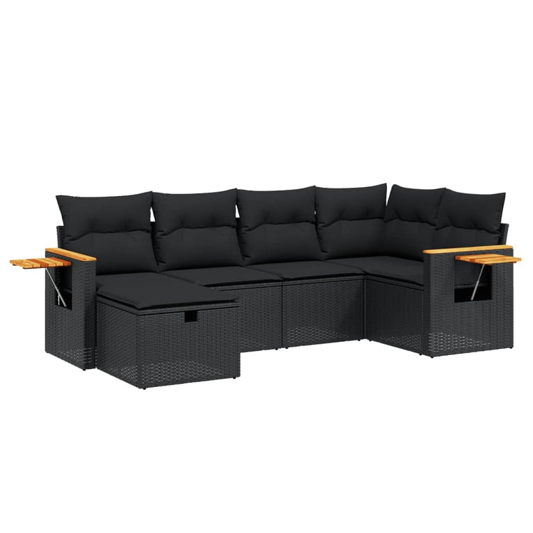 6-delige Loungeset met kussens poly rattan zwart