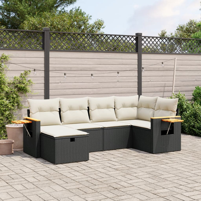 6-delige Loungeset met kussens poly rattan zwart