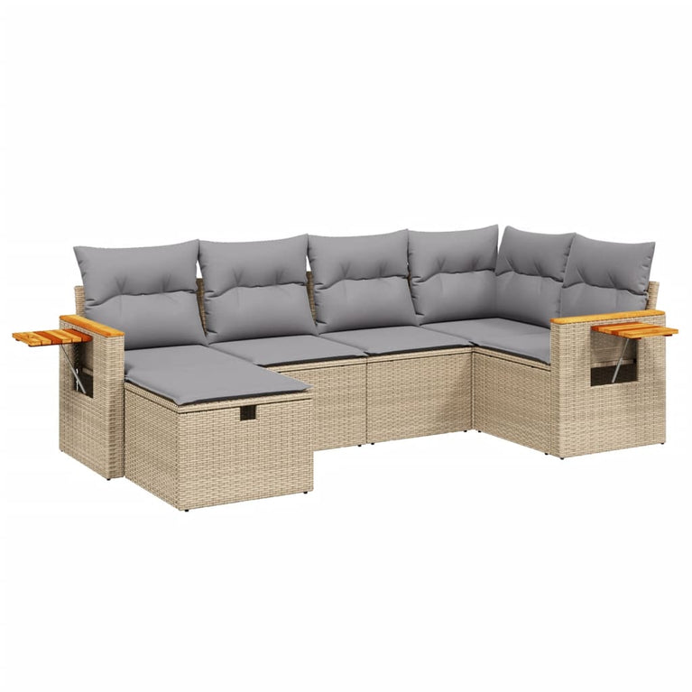 6-delige Loungeset met kussens poly rattan gemengd beige