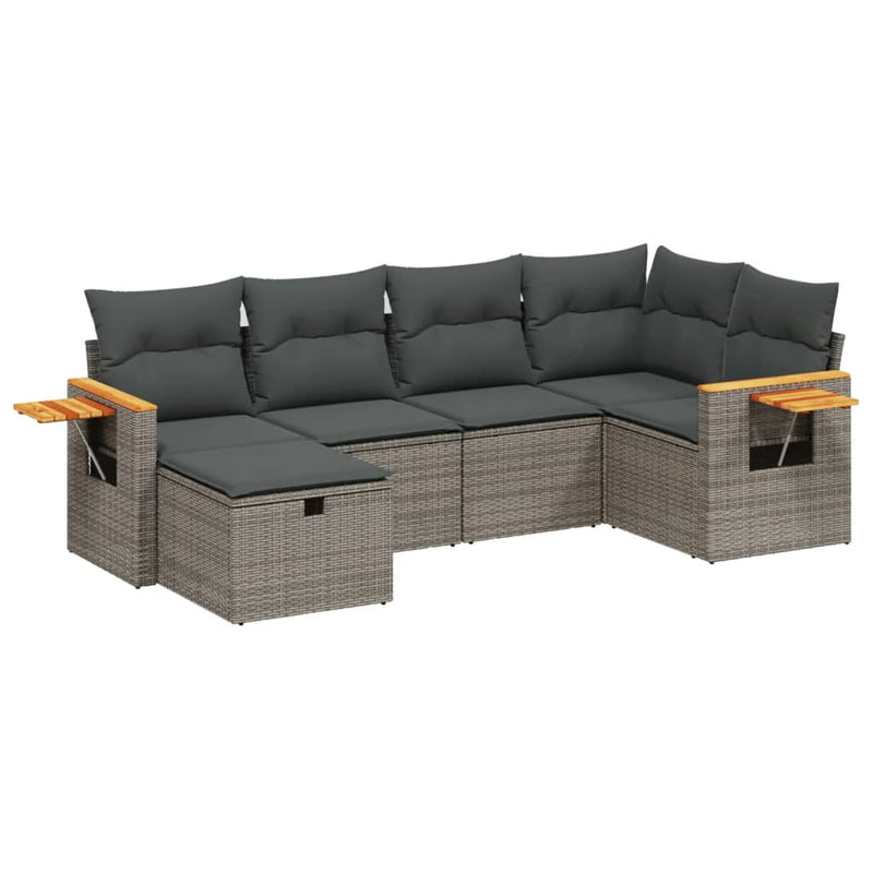 6-delige Loungeset met kussens poly rattan grijs