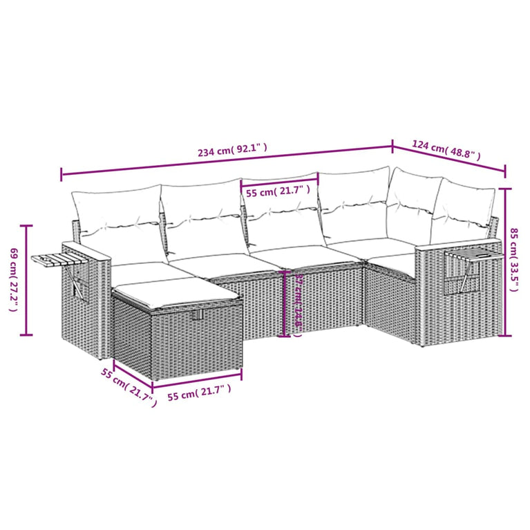 6-delige Loungeset met kussens poly rattan grijs