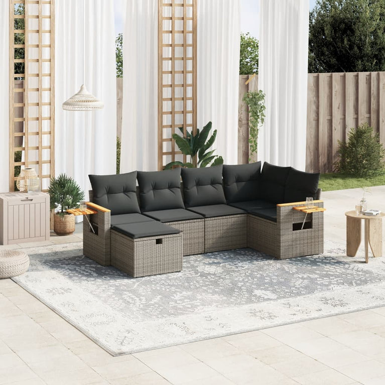 6-delige Loungeset met kussens poly rattan grijs