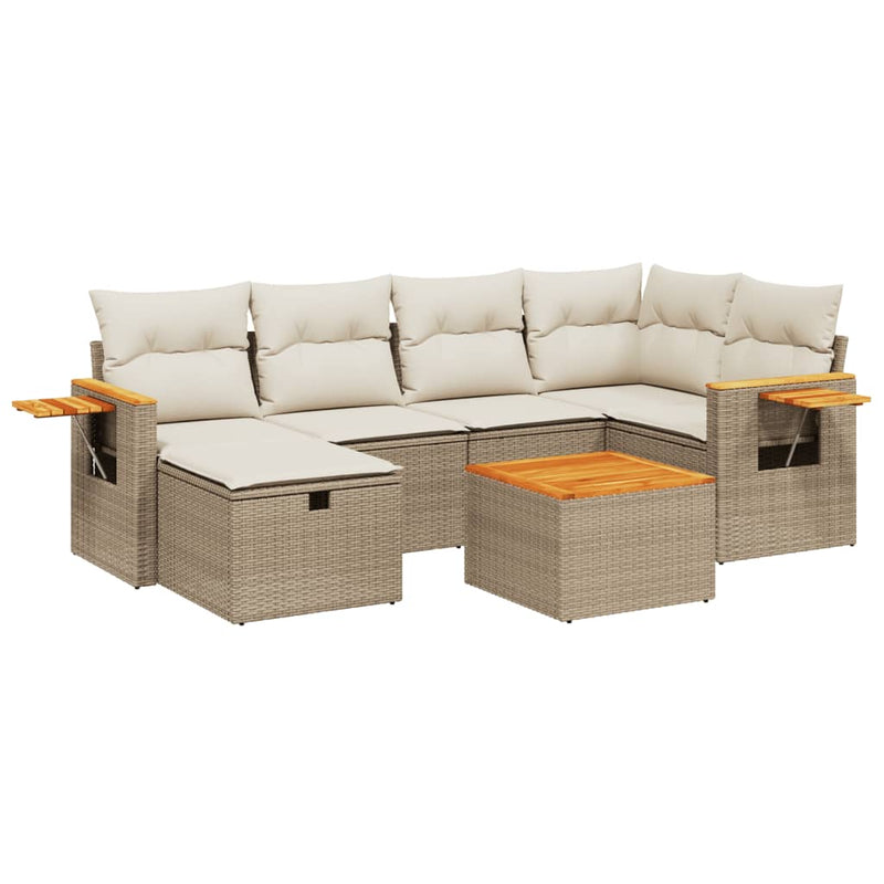 7-delige Loungeset met kussens poly rattan beige