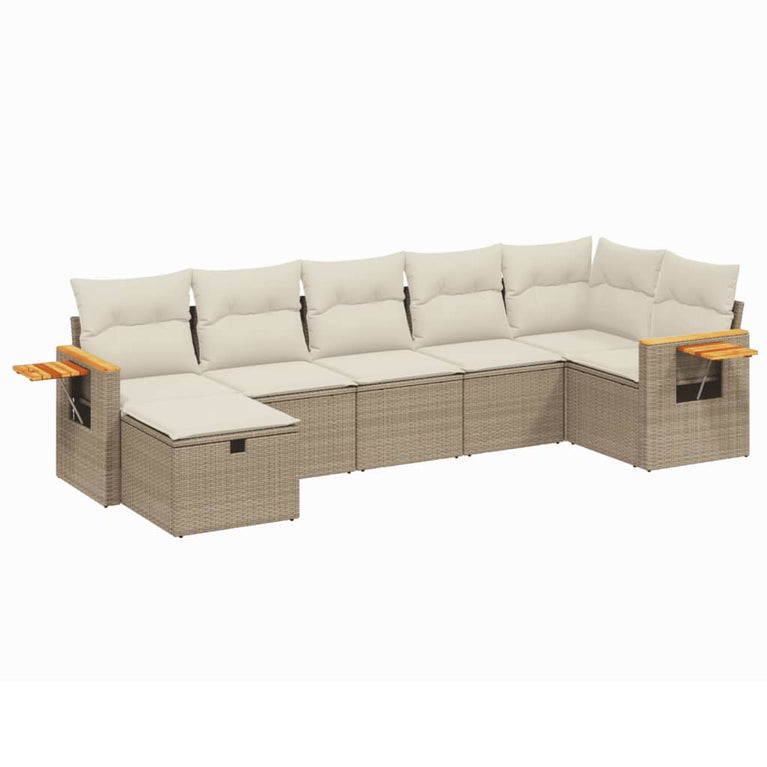 7-delige Loungeset met kussens poly rattan beige