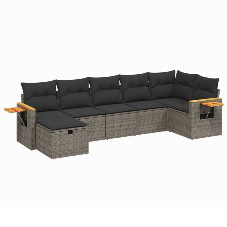 7-delige Loungeset met kussens poly rattan grijs
