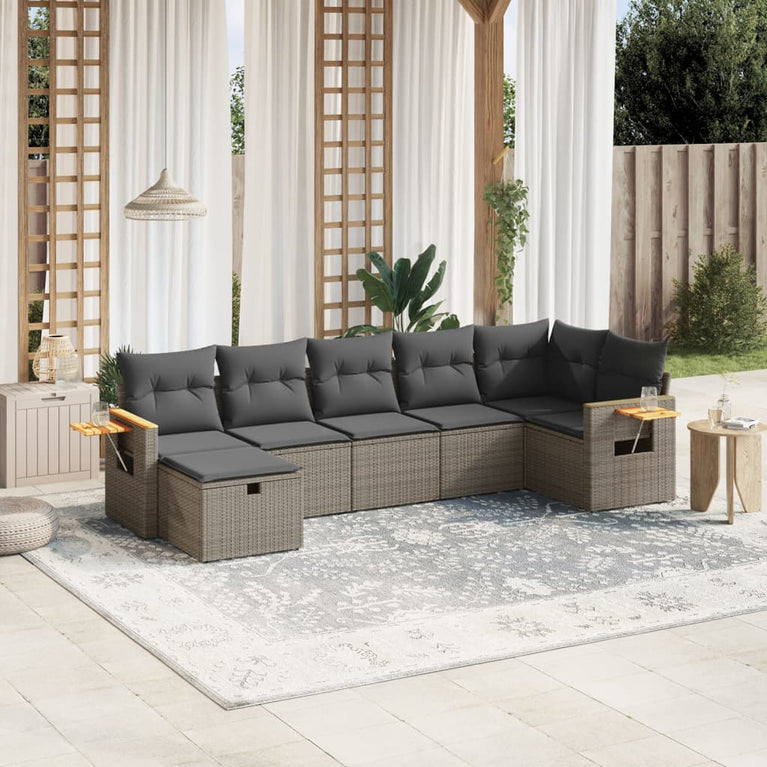 7-delige Loungeset met kussens poly rattan grijs