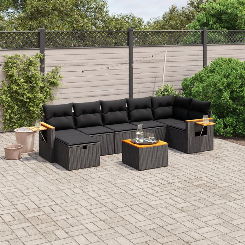 8-delige Loungeset met kussens poly rattan zwart