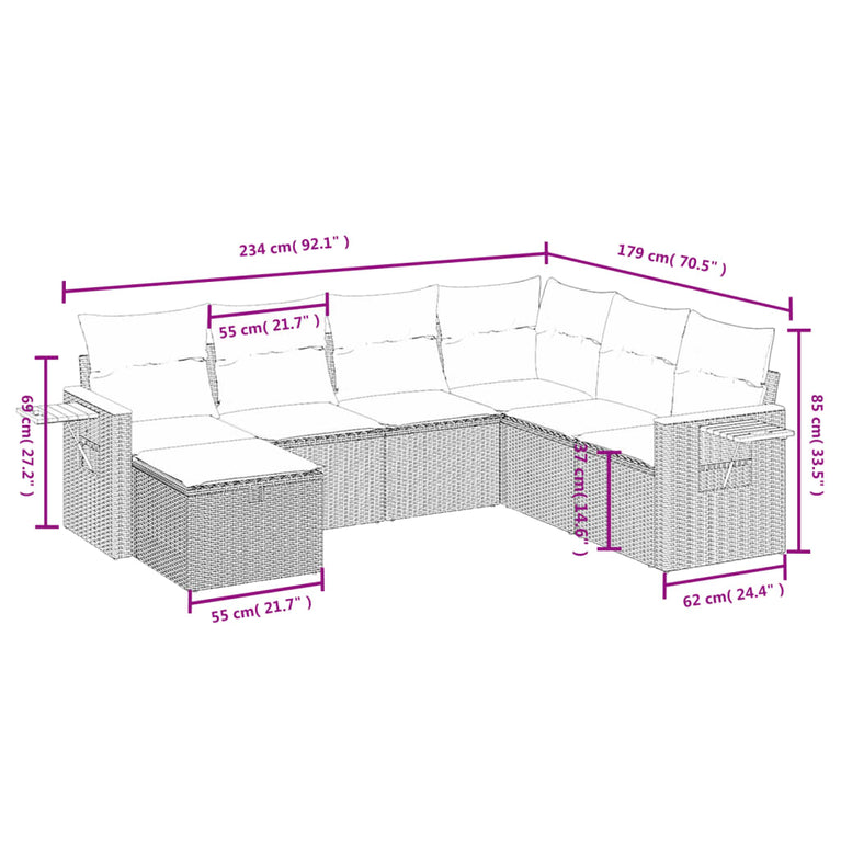7-delige Loungeset met kussens poly rattan zwart