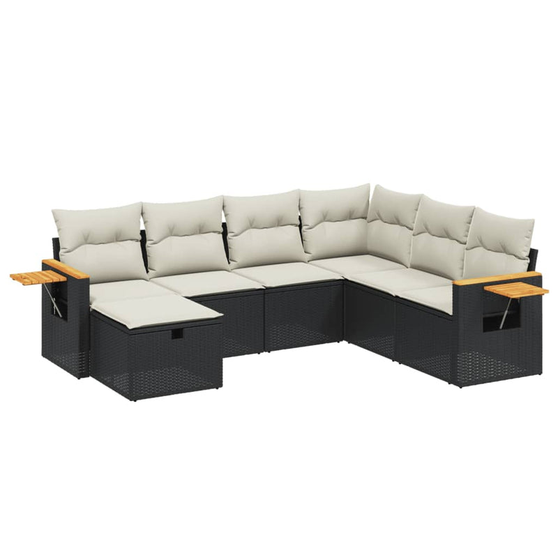 7-delige Loungeset met kussens poly rattan zwart