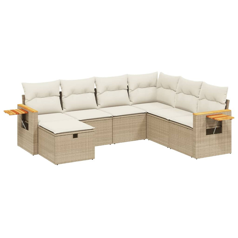 7-delige Loungeset met kussens poly rattan beige