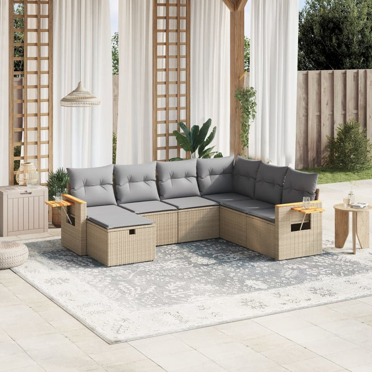 7-delige Loungeset met kussens poly rattan gemengd beige