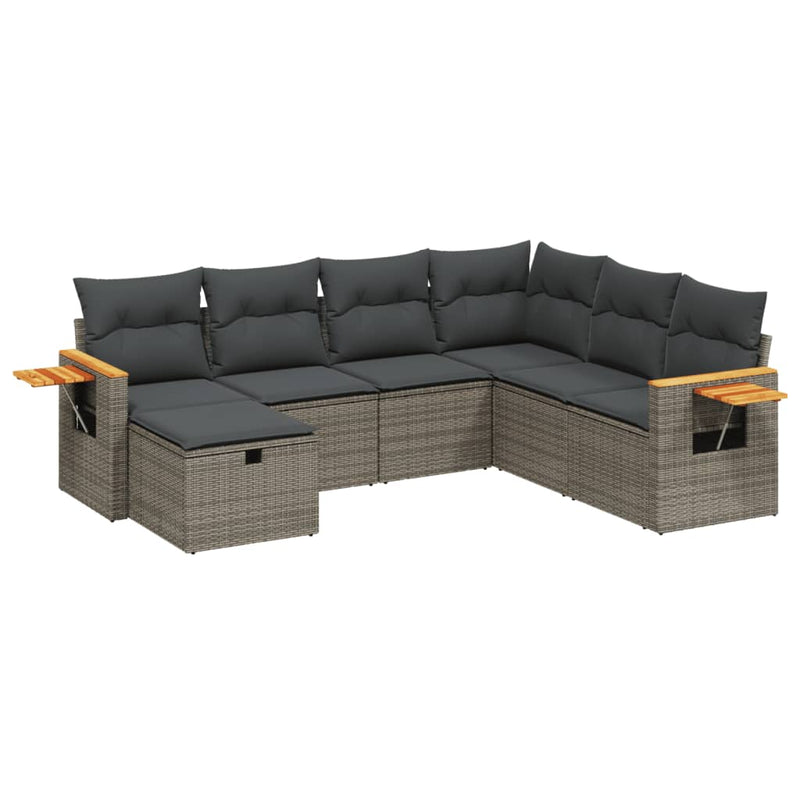7-delige Loungeset met kussens poly rattan grijs