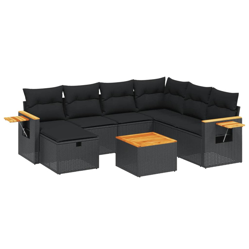 8-delige Loungeset met kussens poly rattan zwart