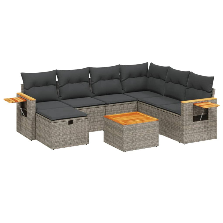 8-delige Loungeset met kussens poly rattan grijs