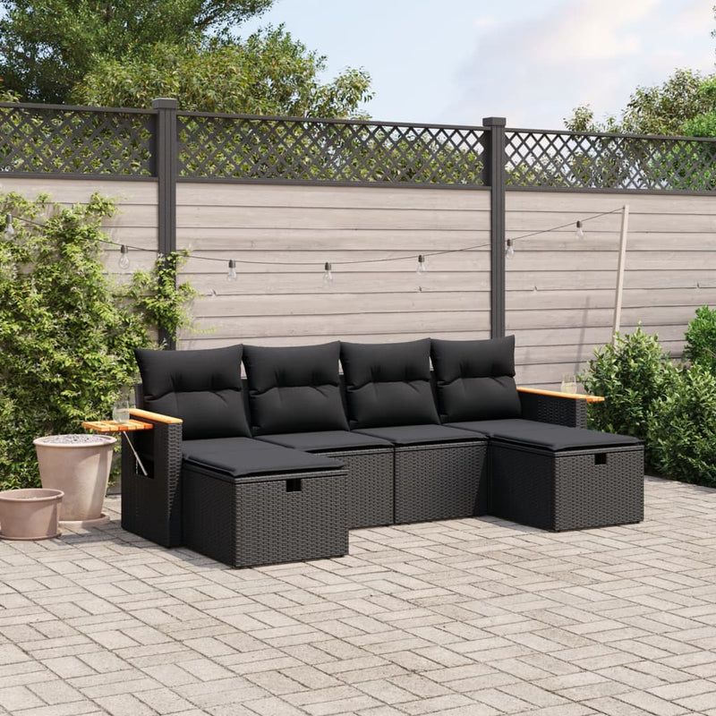 6-delige Loungeset met kussens poly rattan zwart