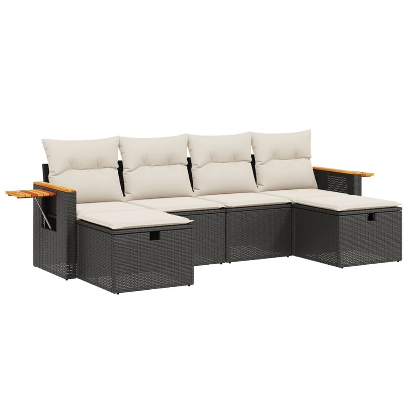 6-delige Loungeset met kussens poly rattan zwart