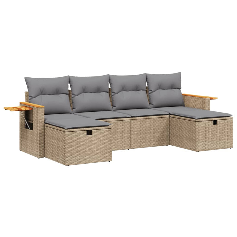 6-delige Loungeset met kussens poly rattan gemengd beige