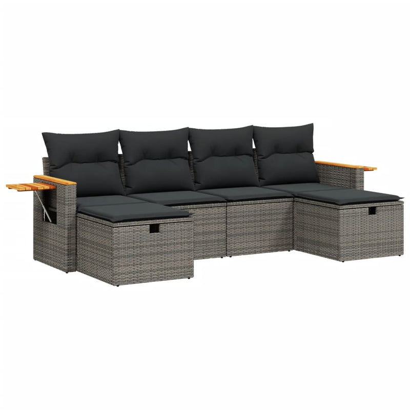 6-delige Loungeset met kussens poly rattan grijs