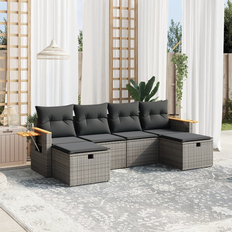 6-delige Loungeset met kussens poly rattan grijs