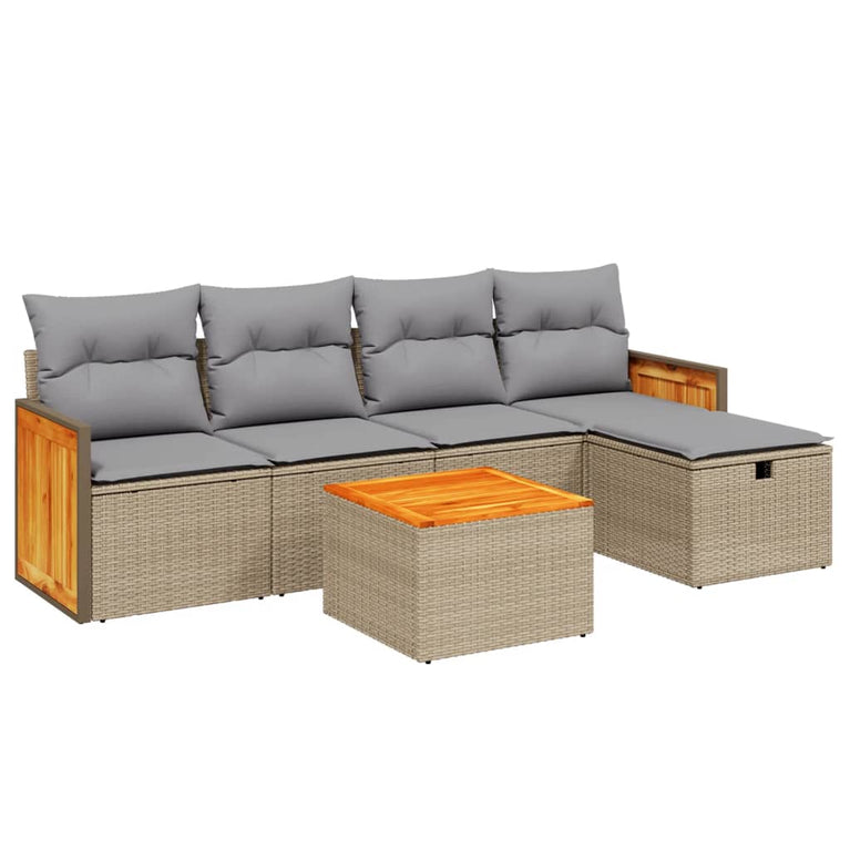 6-delige Loungeset met kussens poly rattan gemengd beige