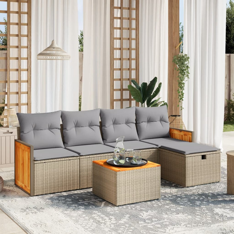 6-delige Loungeset met kussens poly rattan gemengd beige