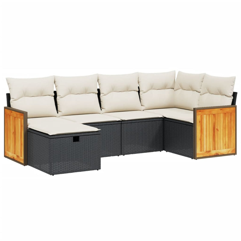 6-delige Loungeset met kussens poly rattan zwart