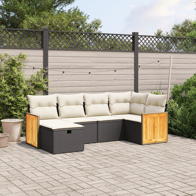 6-delige Loungeset met kussens poly rattan zwart