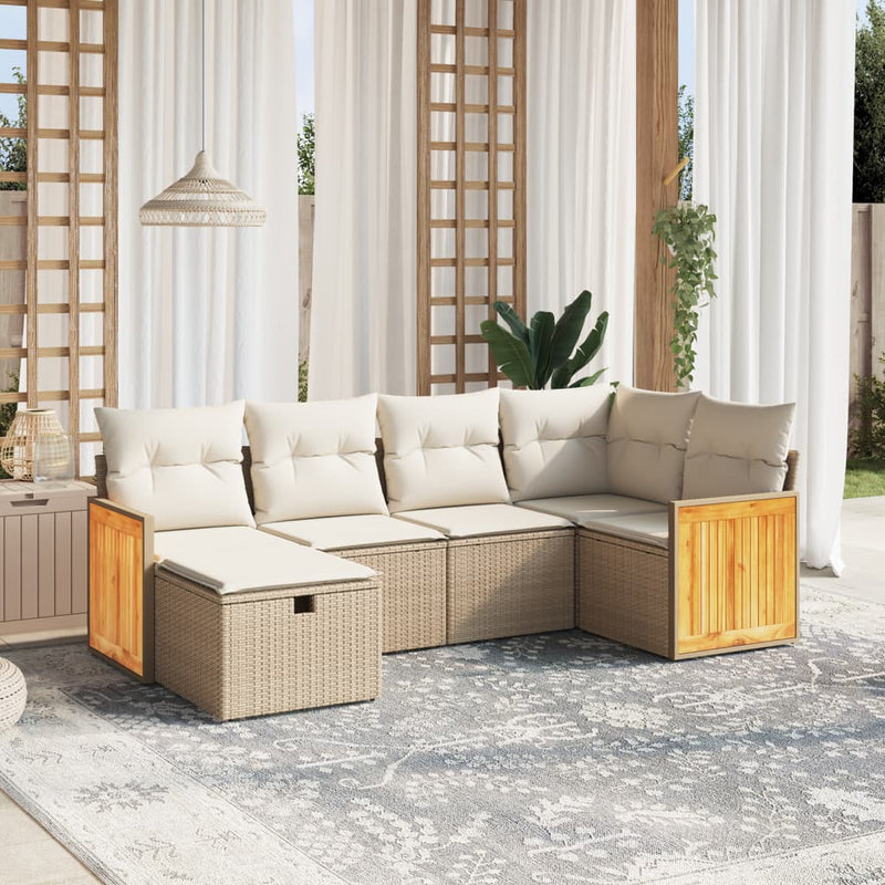 6-delige Loungeset met kussens poly rattan beige