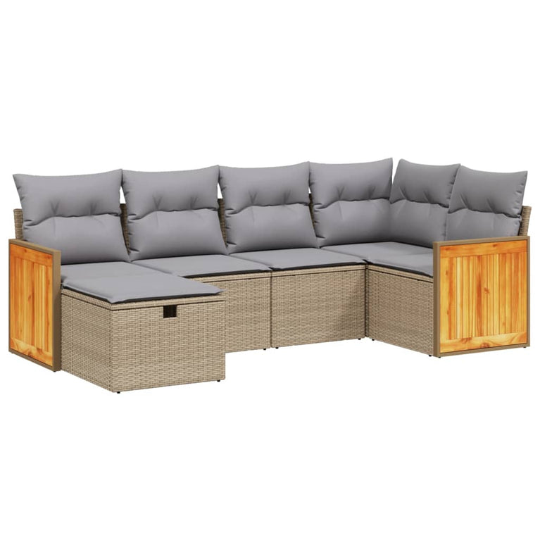 6-delige Loungeset met kussens poly rattan gemengd beige