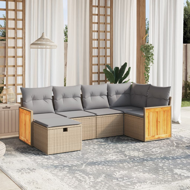 6-delige Loungeset met kussens poly rattan gemengd beige