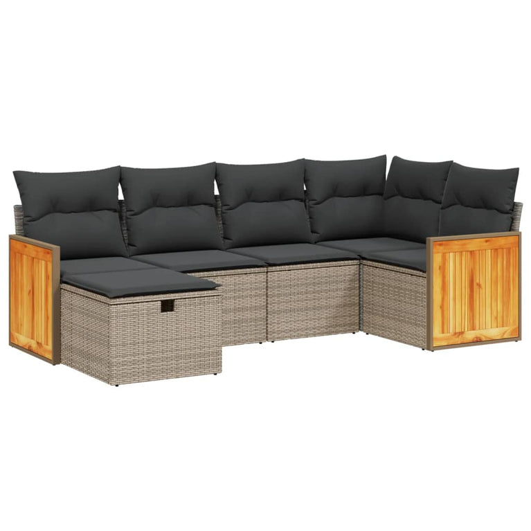 6-delige Loungeset met kussens poly rattan grijs