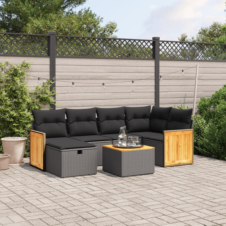 7-delige Loungeset met kussens poly rattan zwart