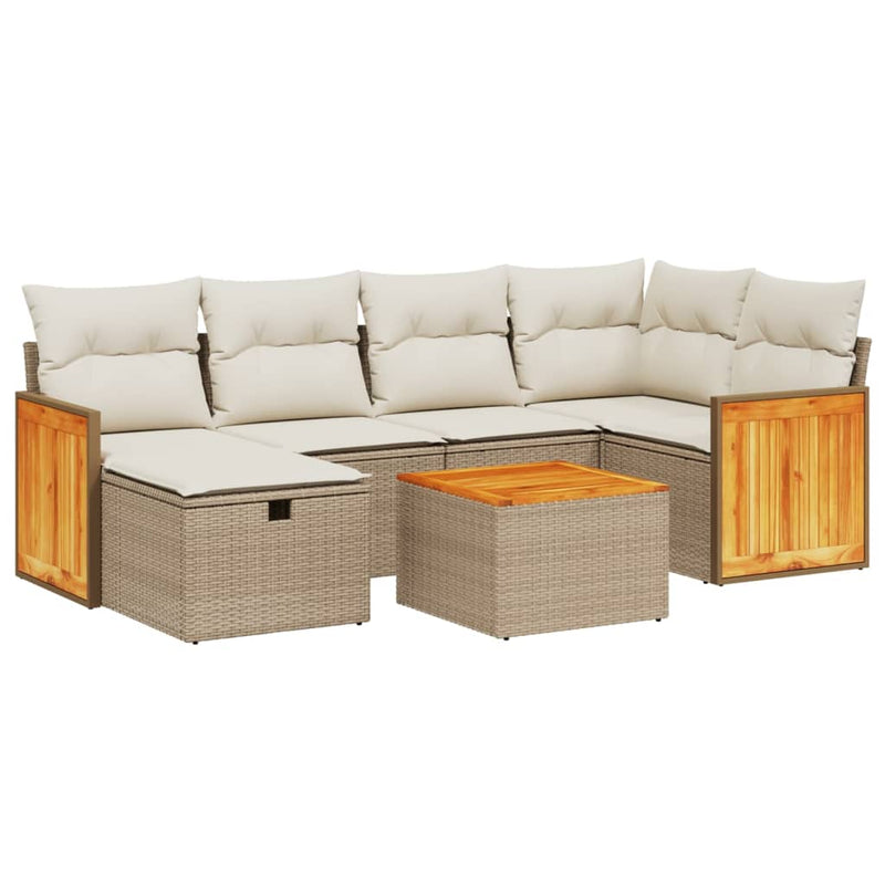 7-delige Loungeset met kussens poly rattan beige