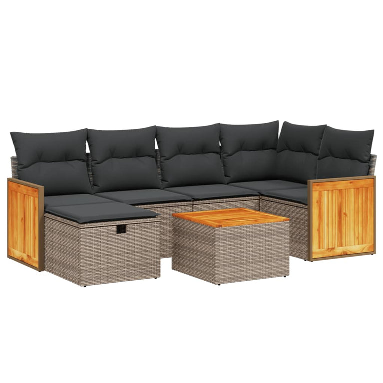 7-delige Loungeset met kussens poly rattan grijs