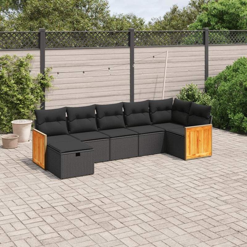 7-delige Loungeset met kussens poly rattan zwart