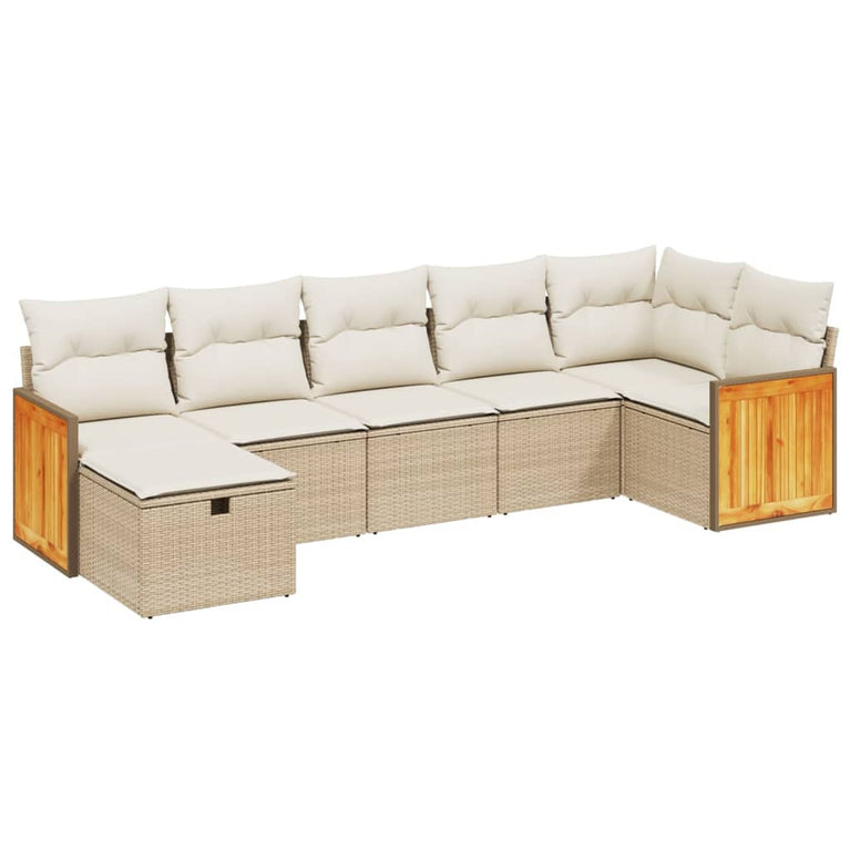 7-delige Loungeset met kussens poly rattan beige