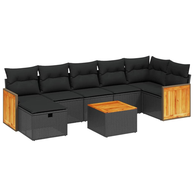 8-delige Loungeset met kussens poly rattan zwart