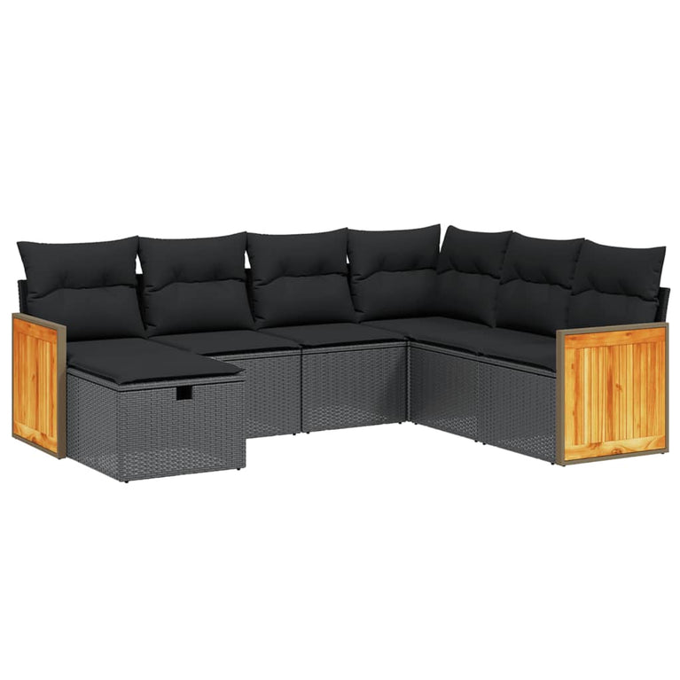 7-delige Loungeset met kussens poly rattan zwart