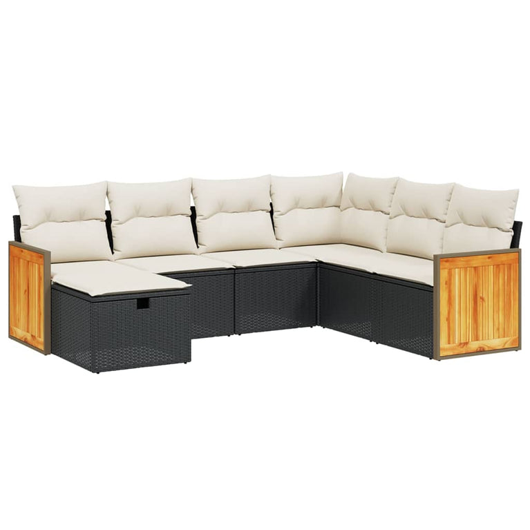 7-delige Loungeset met kussens poly rattan zwart