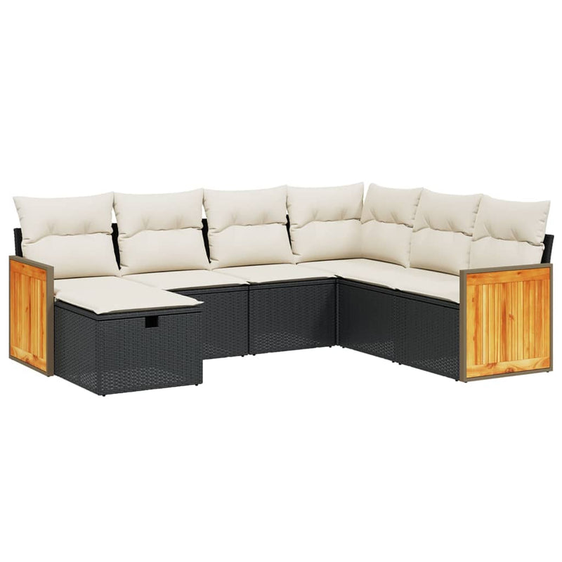 7-delige Loungeset met kussens poly rattan zwart