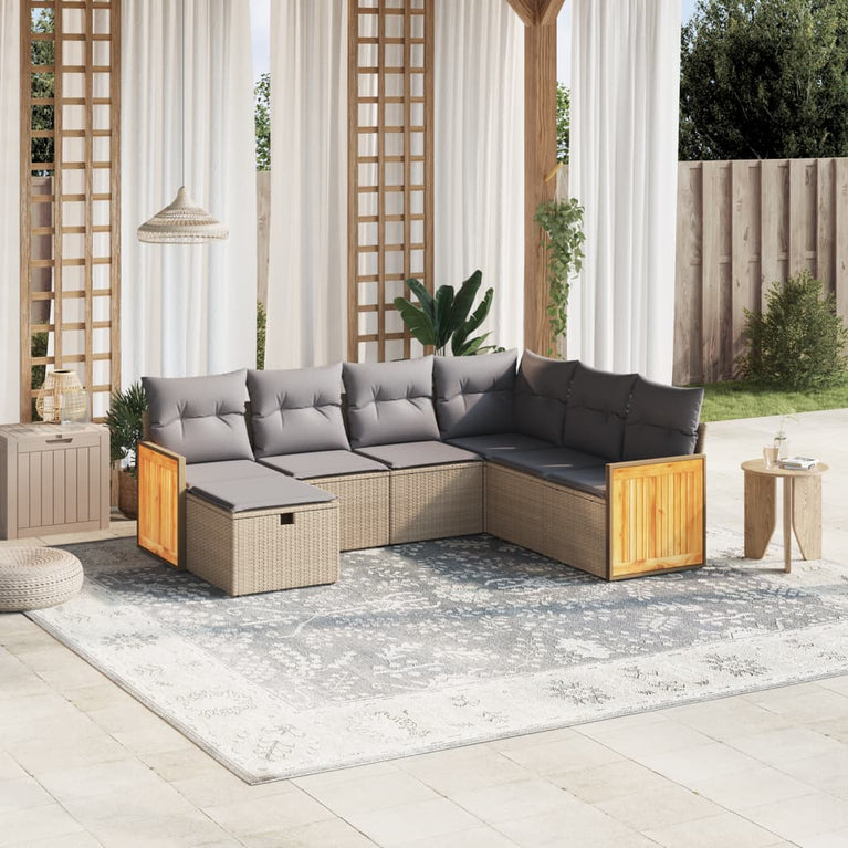 7-delige Loungeset met kussens poly rattan gemengd beige