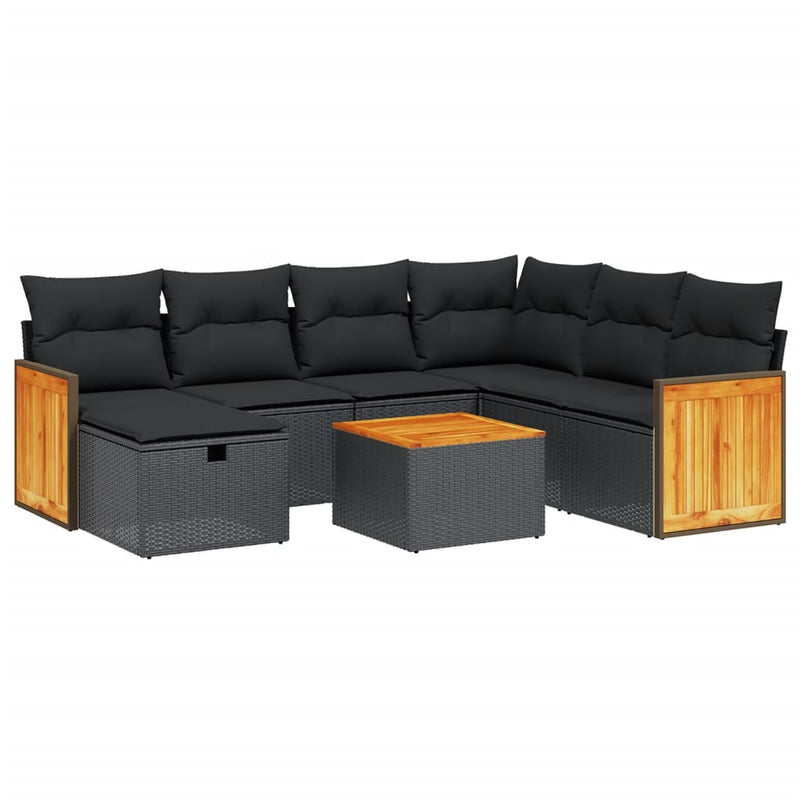 8-delige Loungeset met kussens poly rattan zwart