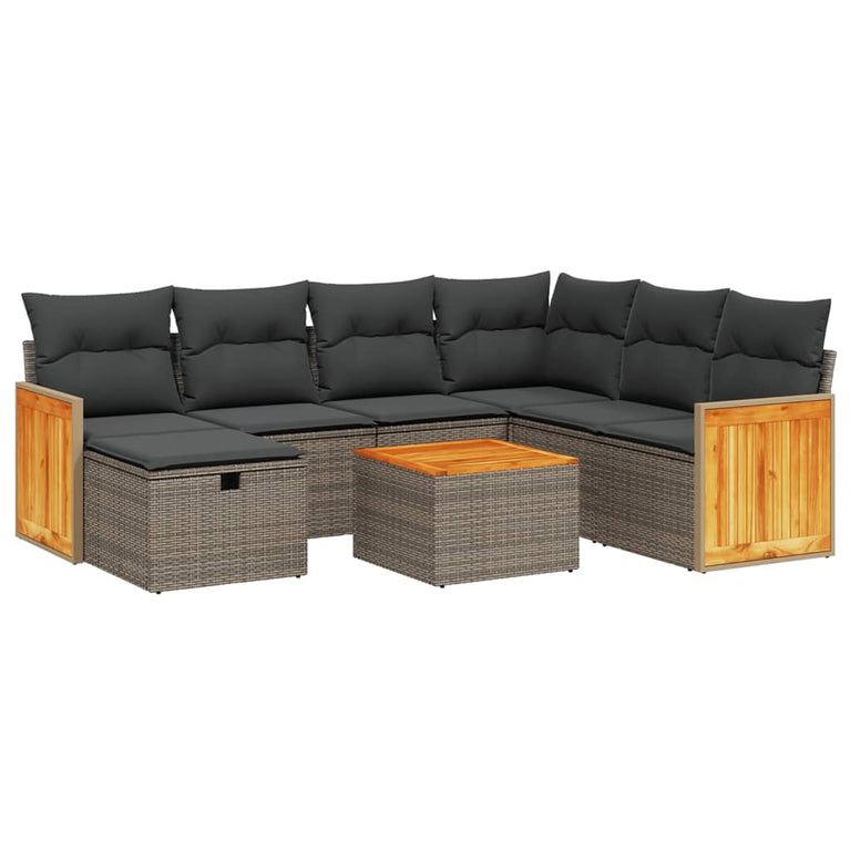 8-delige Loungeset met kussens poly rattan grijs