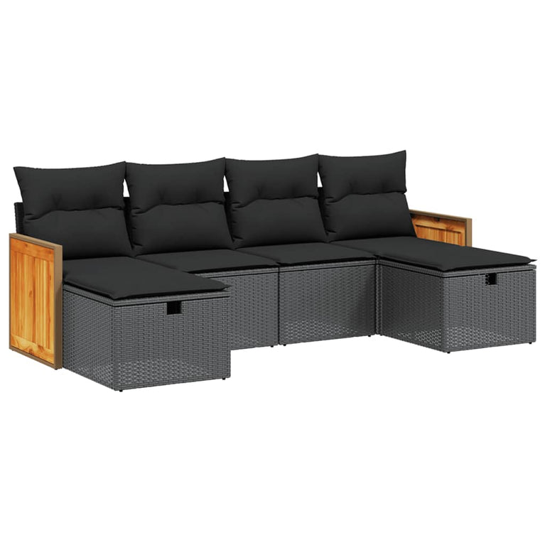 6-delige Loungeset met kussens poly rattan zwart